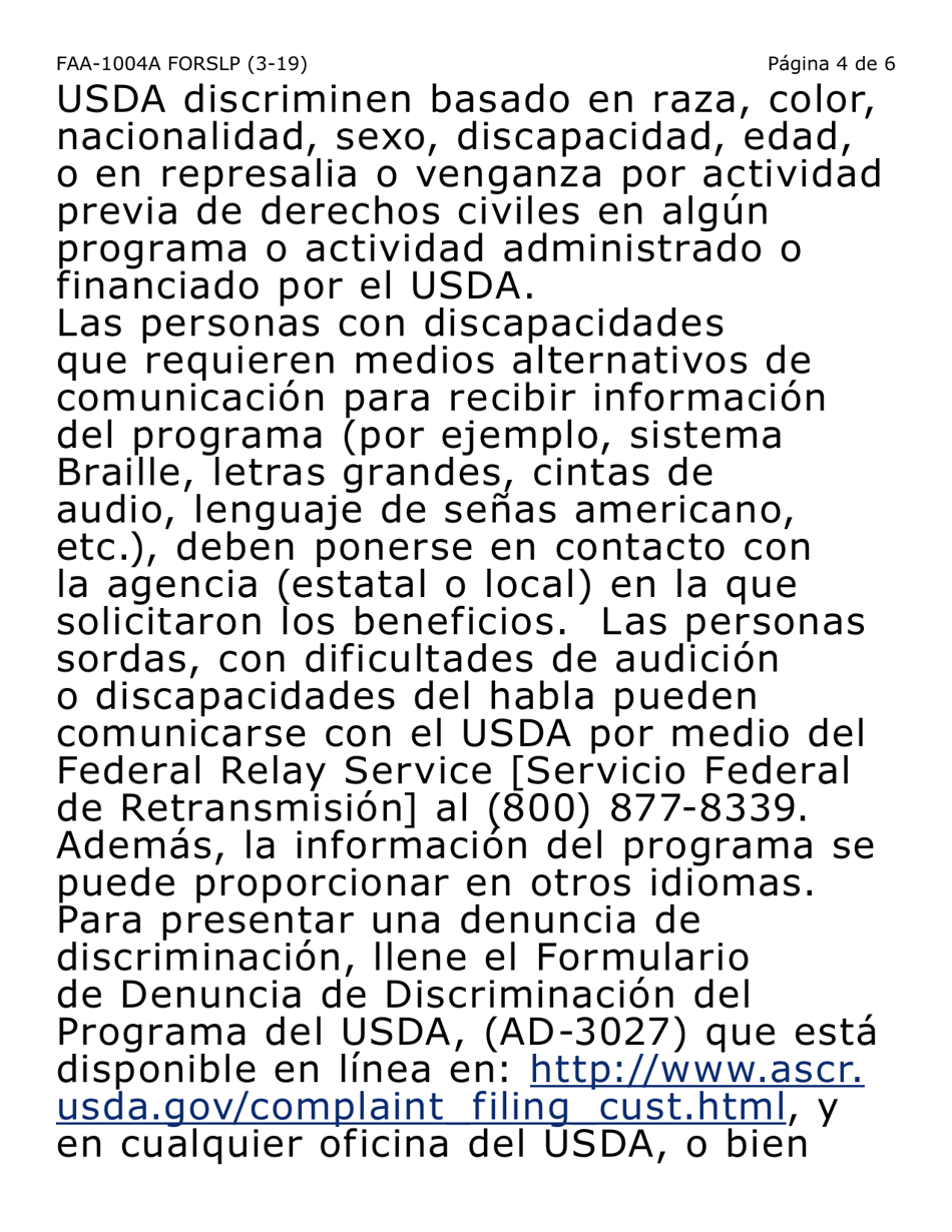 Formulario FAA-1004A-SLP Designacion De Titular Sustituto Para La Tarjeta De Ebt (Letra Grande) - Arizona (Spanish), Page 4