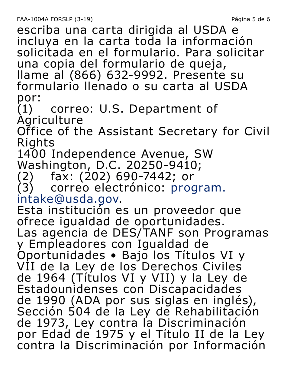 Formulario FAA-1004A-SLP Designacion De Titular Sustituto Para La Tarjeta De Ebt (Letra Grande) - Arizona (Spanish), Page 5