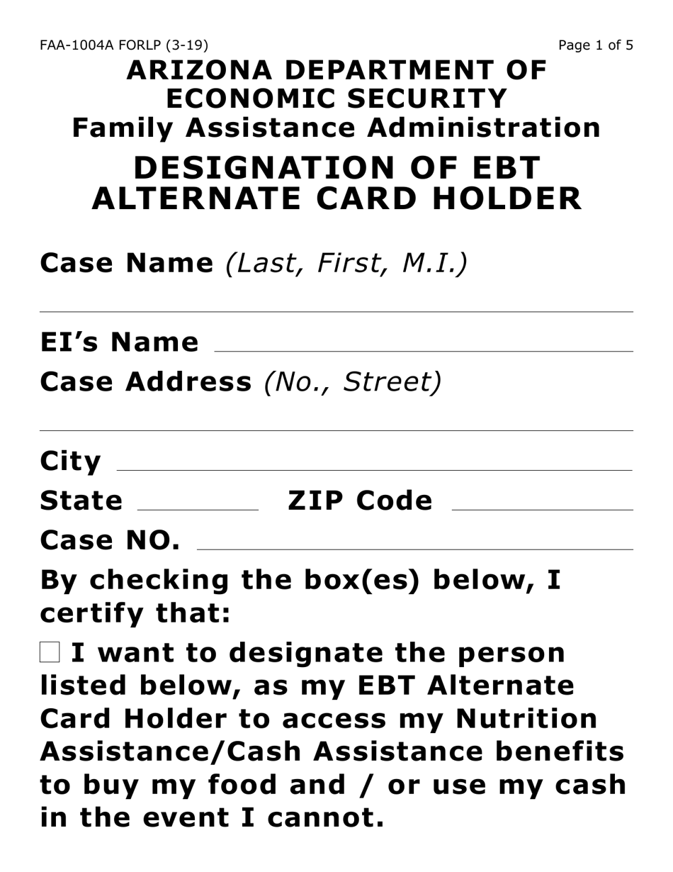 Form FAA-1004A-LP Designation of Ebt Alternate Card Holder (Large Print) - Arizona, Page 1