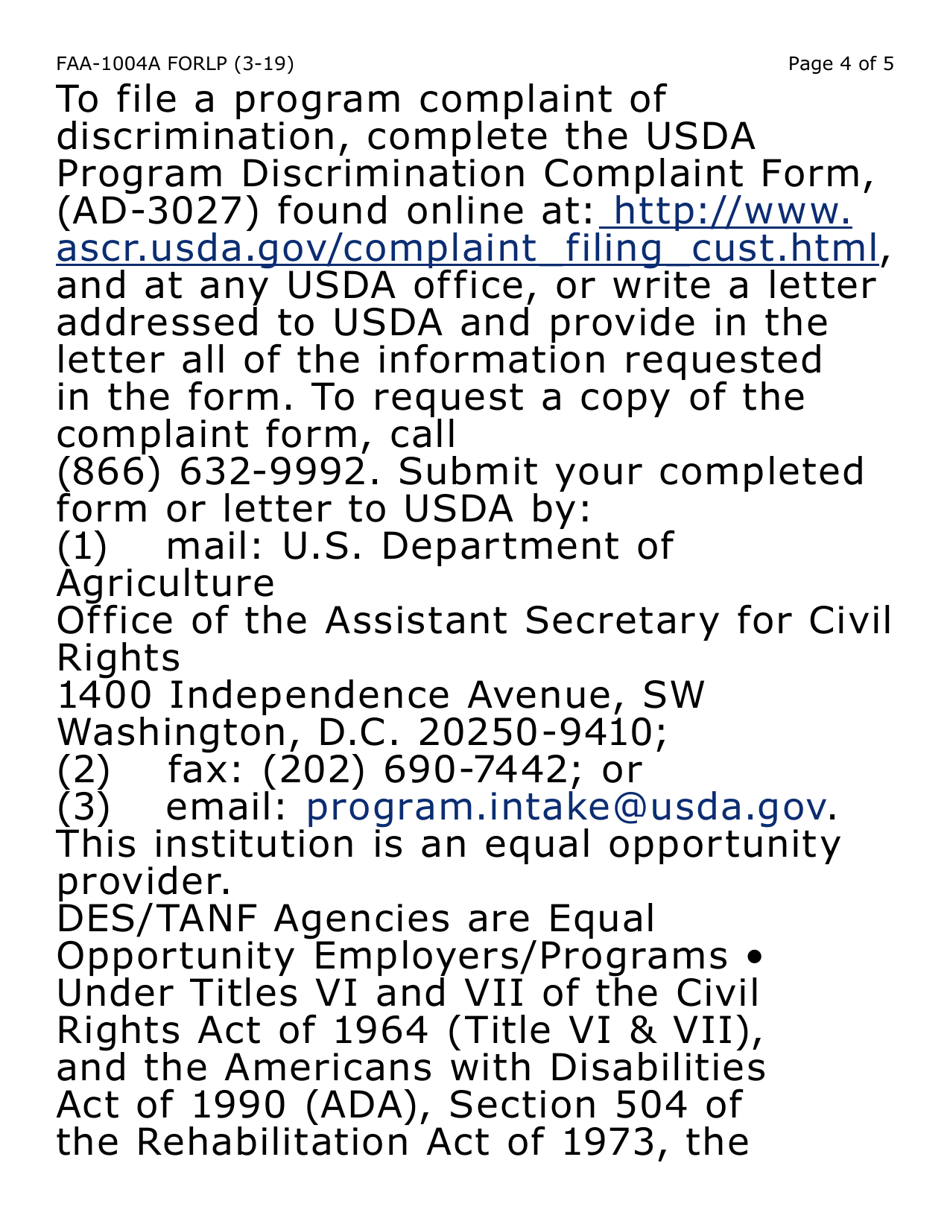Form FAA-1004A-LP Designation of Ebt Alternate Card Holder (Large Print) - Arizona, Page 4