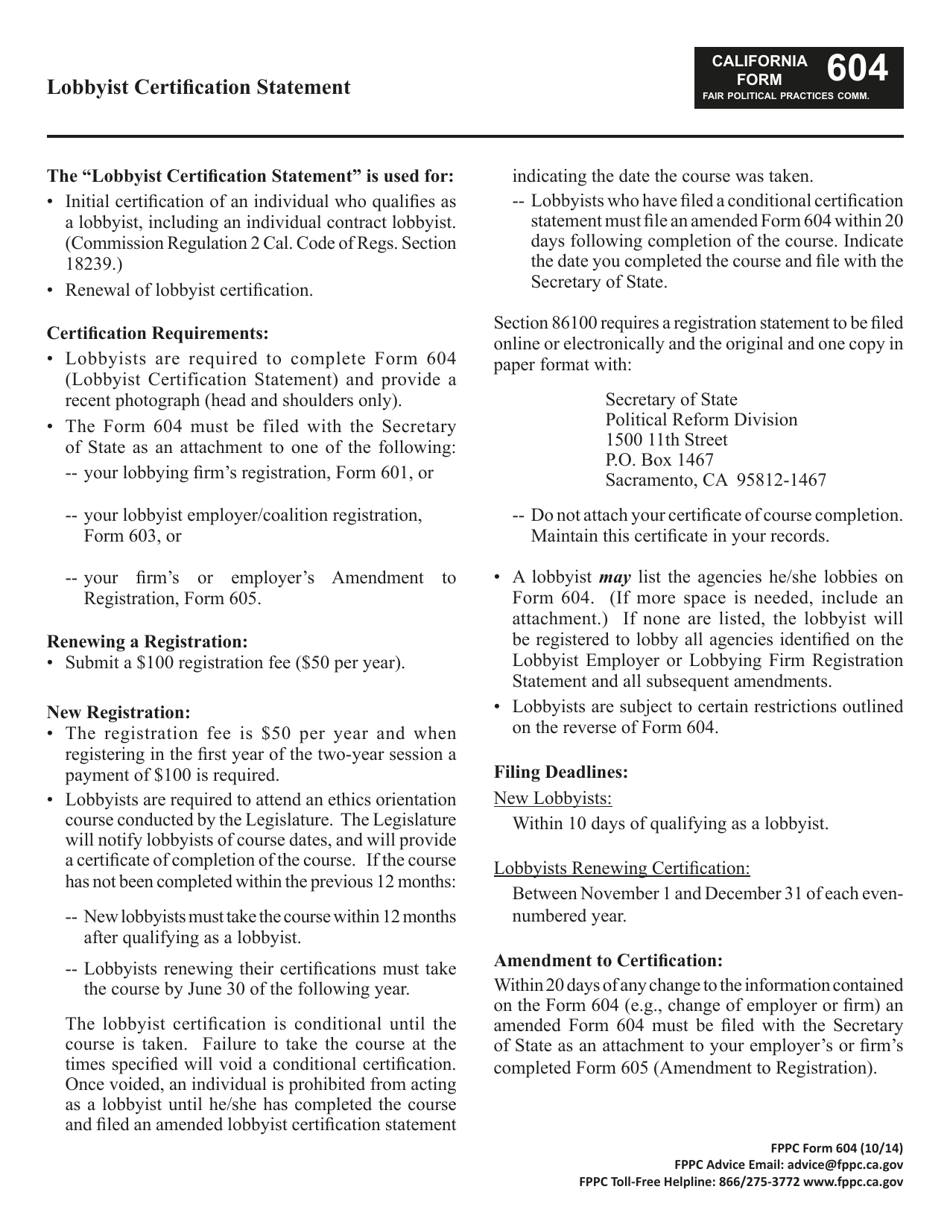 FPPC Form 604 - Fill Out, Sign Online and Download Fillable PDF ...
