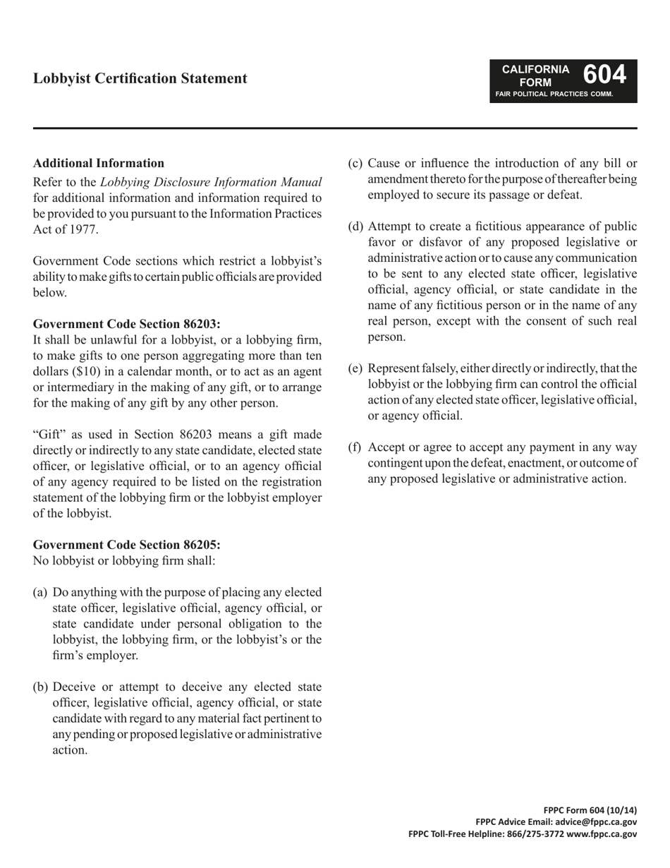 FPPC Form 604 Lobbyist Certification Statement - California, Page 3