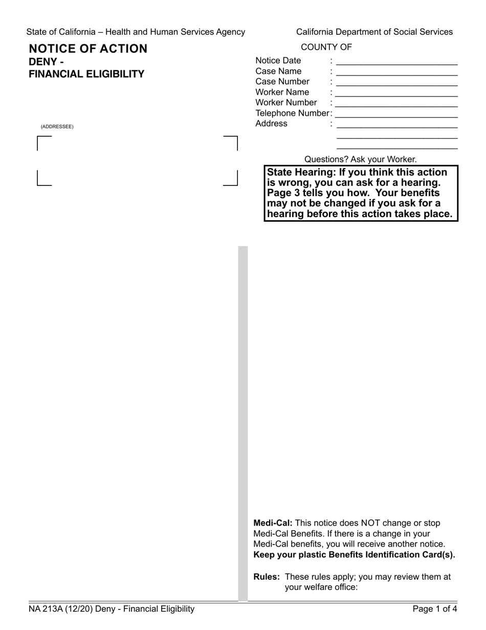 Form NA213A Notice of Action - Deny - Financial Eligibility - California, Page 1