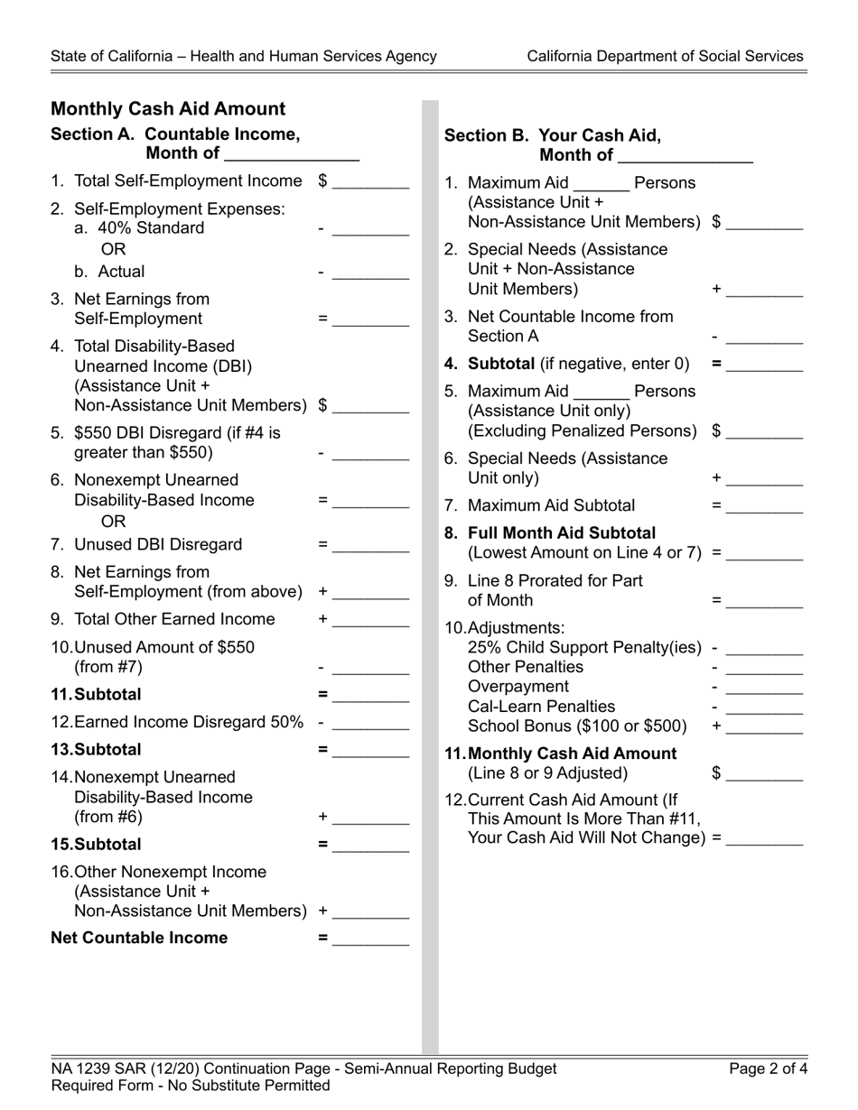 Form NA1239 SAR Notice of Action - Continuation Page - Semi-annual Reporting Budget - California, Page 2