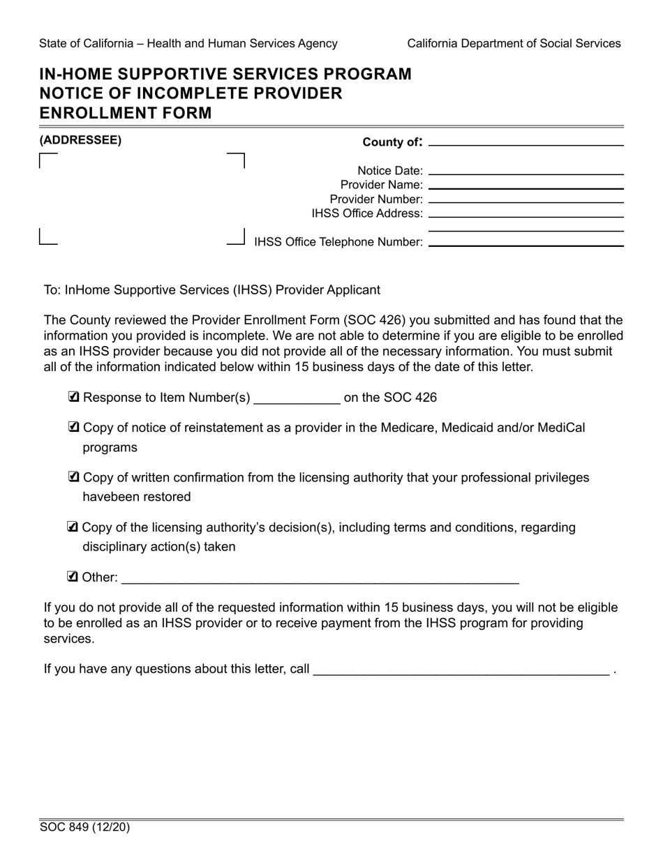 Form SOC849 In-home Supportive Services Program Notice of Incomplete Provider Enrollment Form - California, Page 1