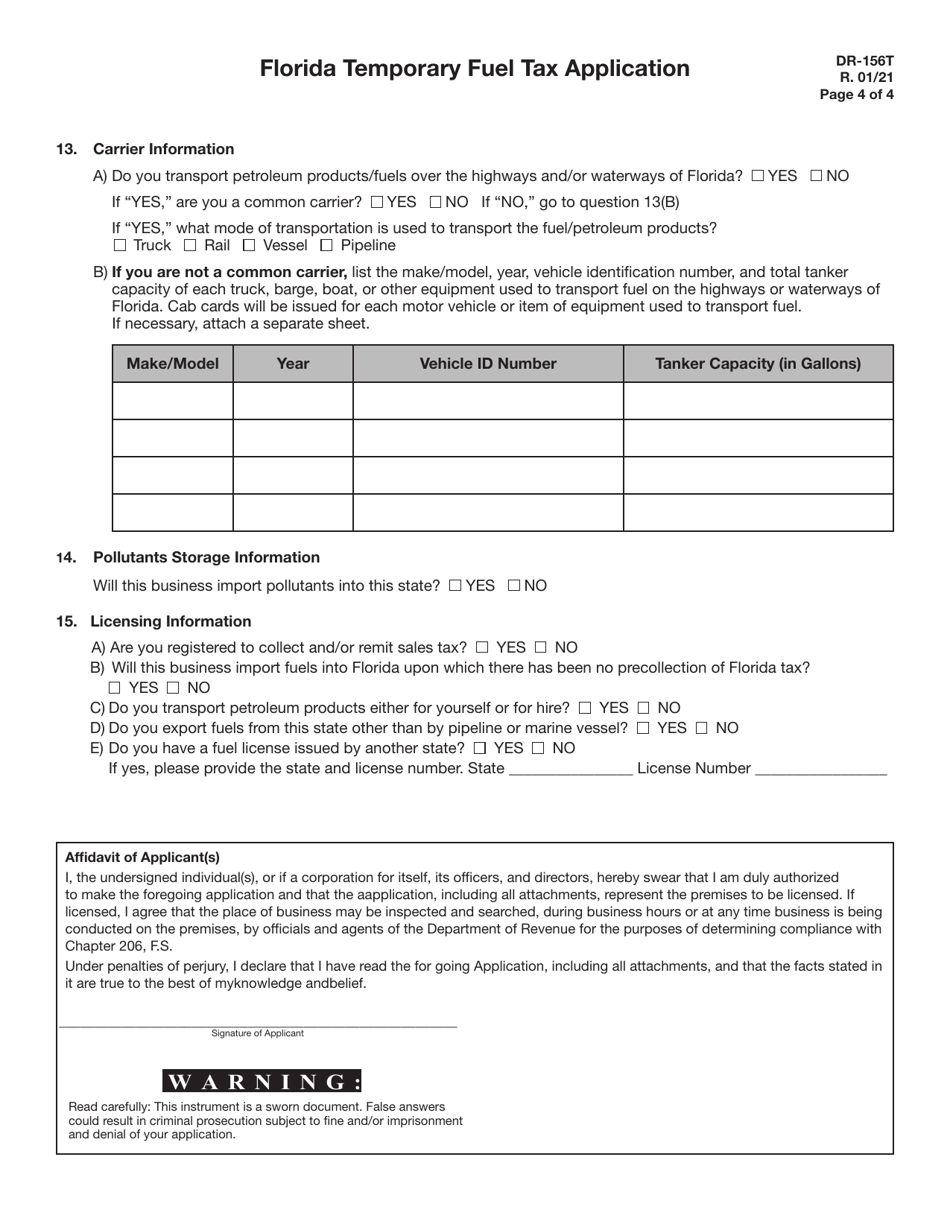 Form DR-156T Florida Temporary Fuel Tax Application - Florida, Page 4