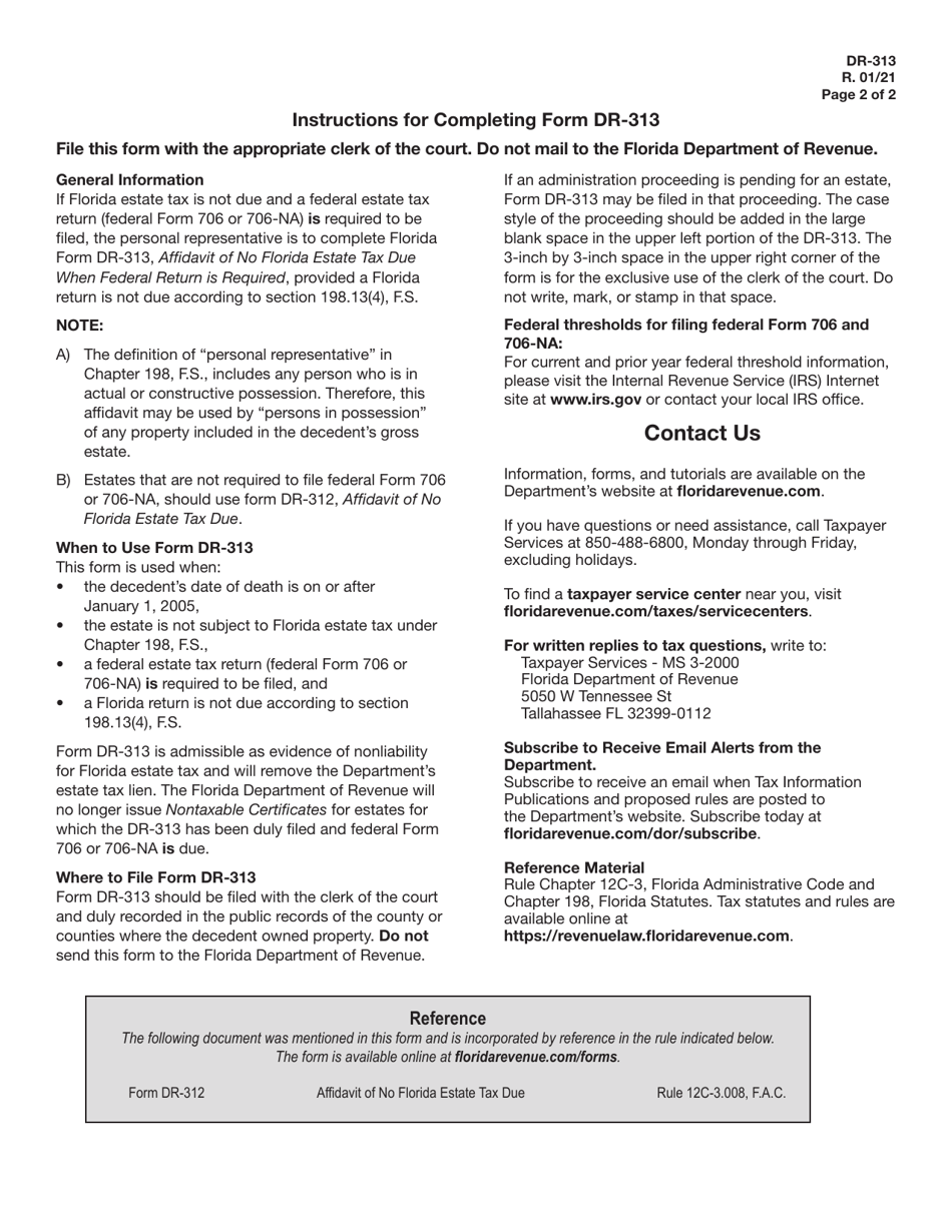 Form DR-313 Affidavit of No Florida Estate Tax Due When Federal Return Is Required - Florida, Page 2