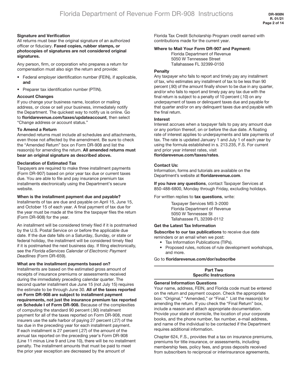 Instructions for Form DR-908 Insurance Premium Taxes and Fees Return - Florida, Page 2