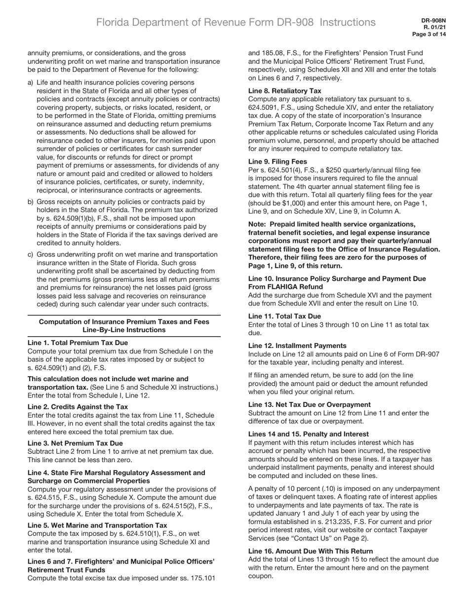 Instructions for Form DR-908 Insurance Premium Taxes and Fees Return - Florida, Page 3