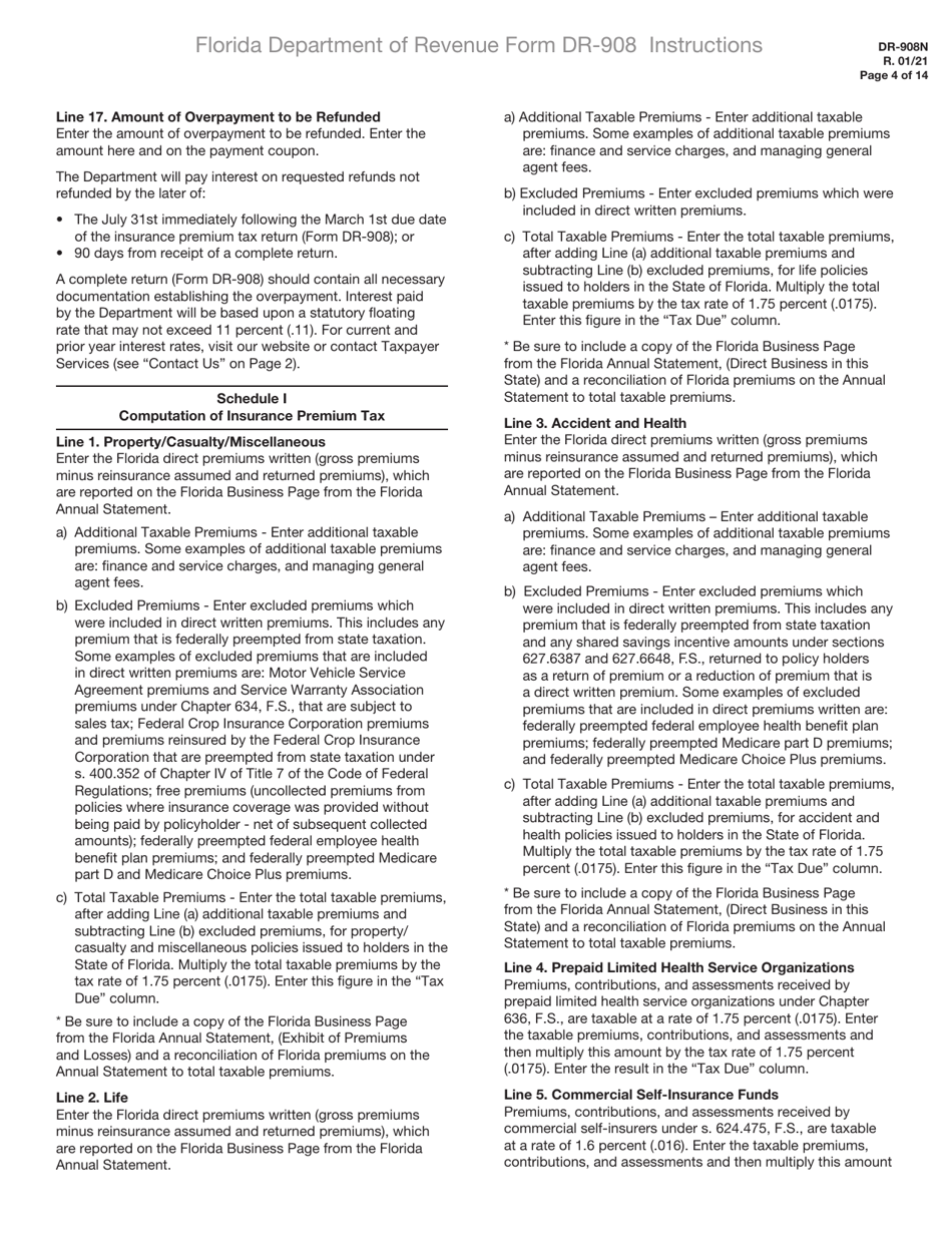Instructions for Form DR-908 Insurance Premium Taxes and Fees Return - Florida, Page 4