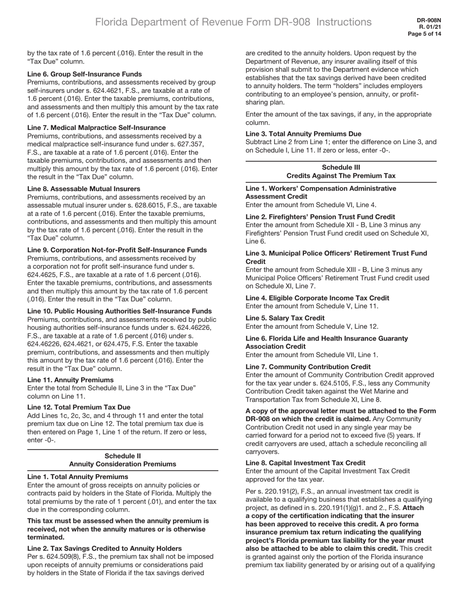 Instructions for Form DR-908 Insurance Premium Taxes and Fees Return - Florida, Page 5