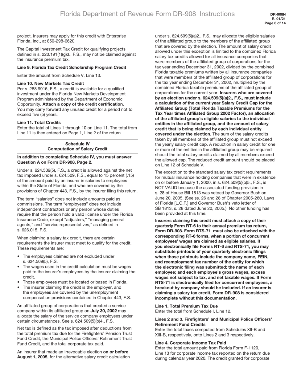 Instructions for Form DR-908 Insurance Premium Taxes and Fees Return - Florida, Page 6