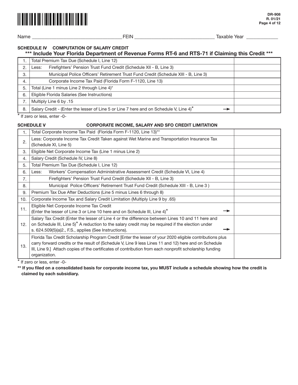 Form DR-908 Insurance Premium Taxes and Fees Return - Florida, Page 4