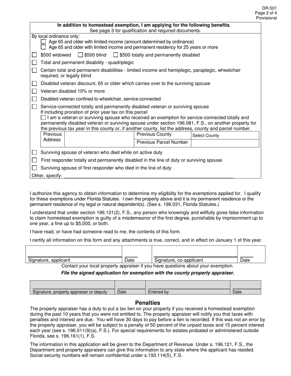 Form DR-501 Original Application for Homestead and Related Tax Exemptions - Florida, Page 2