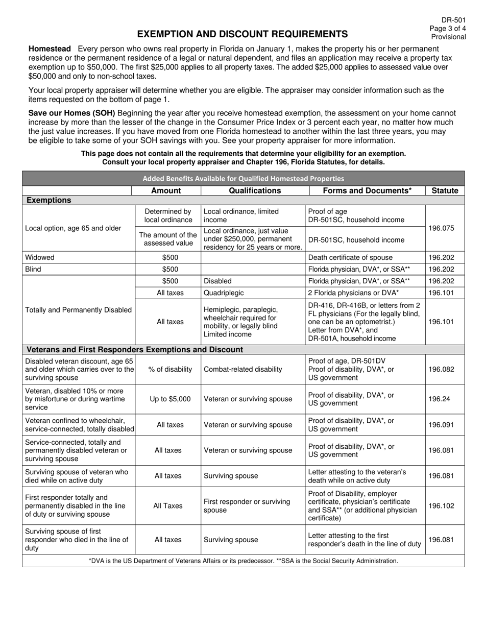 Form DR-501 Original Application for Homestead and Related Tax Exemptions - Florida, Page 3