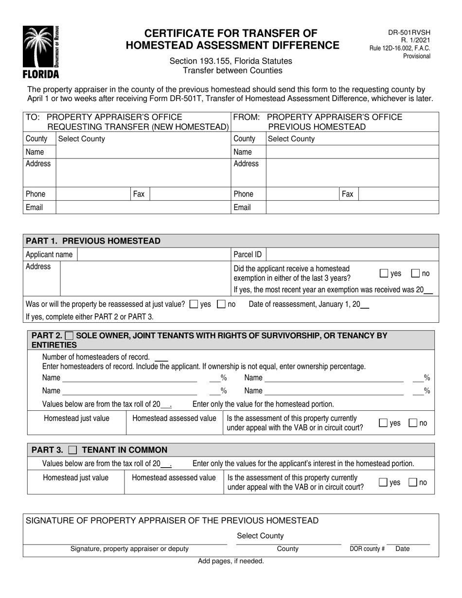 Form DR-501RVSH Certificate for Transfer of Homestead Assessment Difference - Florida, Page 1