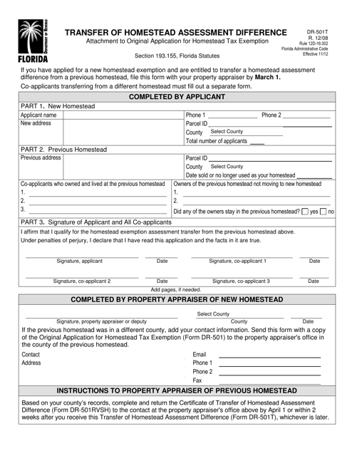 Form DR-501T Transfer of Homestead Assessment Difference - Florida