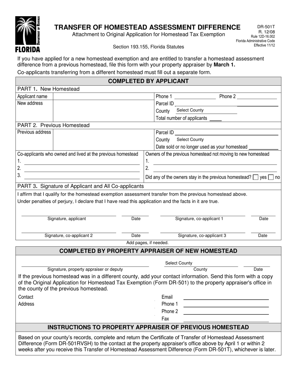 Form DR-501T Transfer of Homestead Assessment Difference - Florida, Page 1