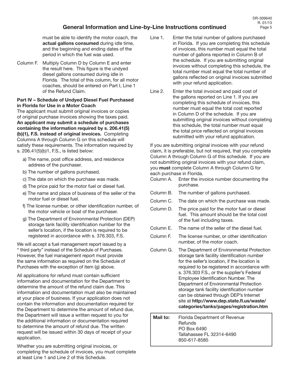 Form DR-309640 Application for Refund of Tax Paid on Undyed Diesel Consumed by Motor Coaches During Idle Time in Florida - Florida, Page 5