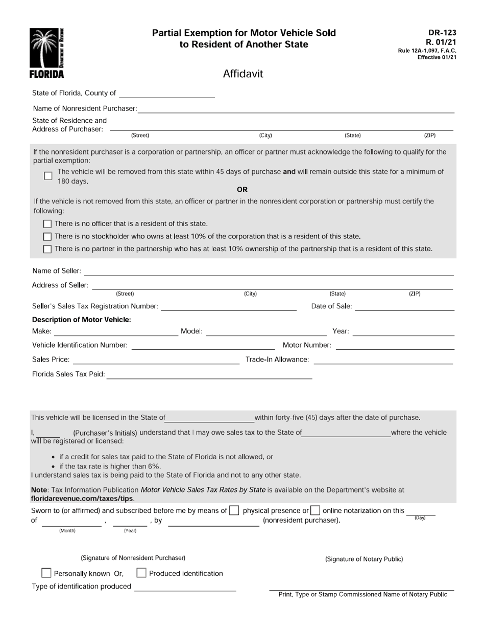 Form DR-123 Affidavit for Partial Exemption of Motor Vehicle Sold to a Resident of Another State - Florida, Page 1