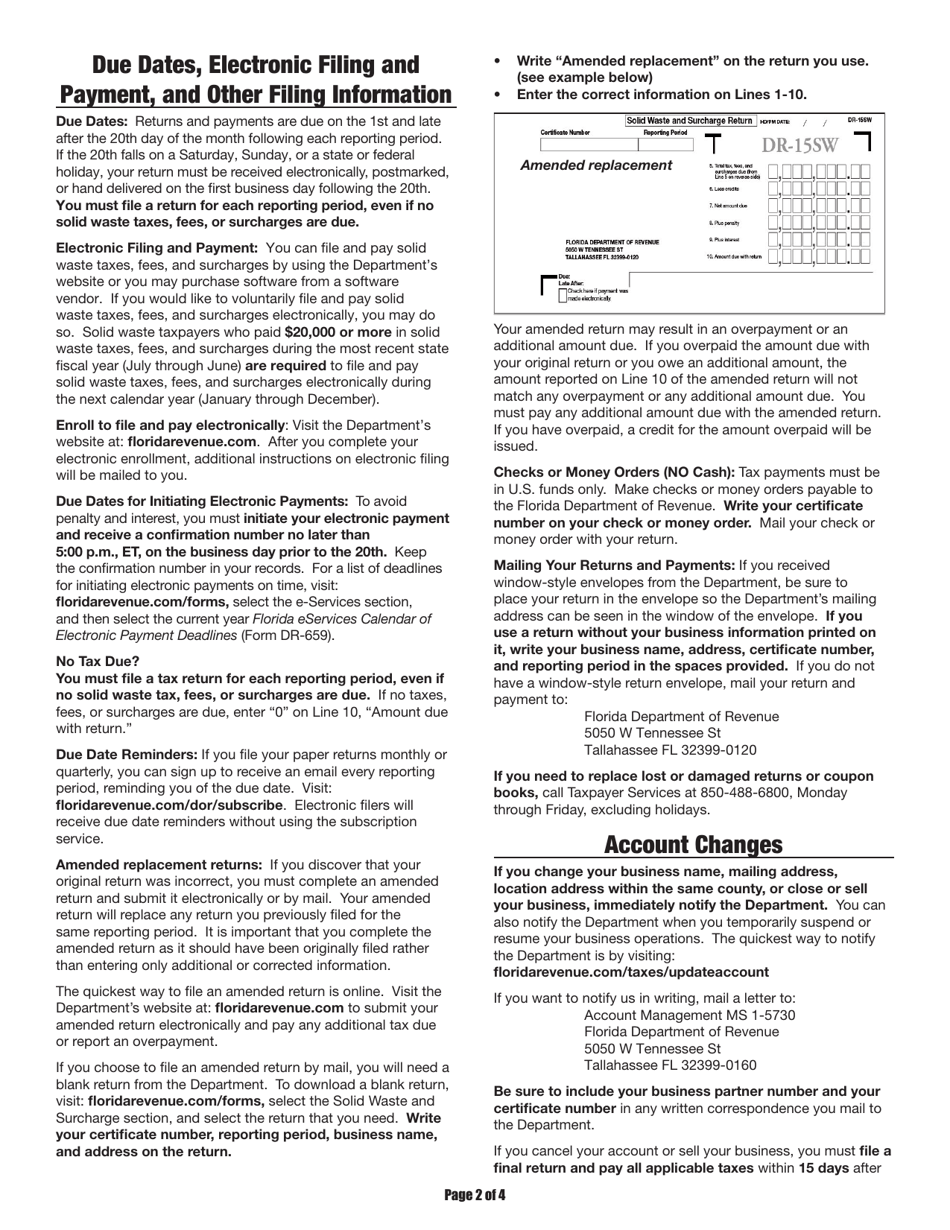 Instructions for Form DR-15SW Solid Waste and Surcharge Return - Florida, Page 2