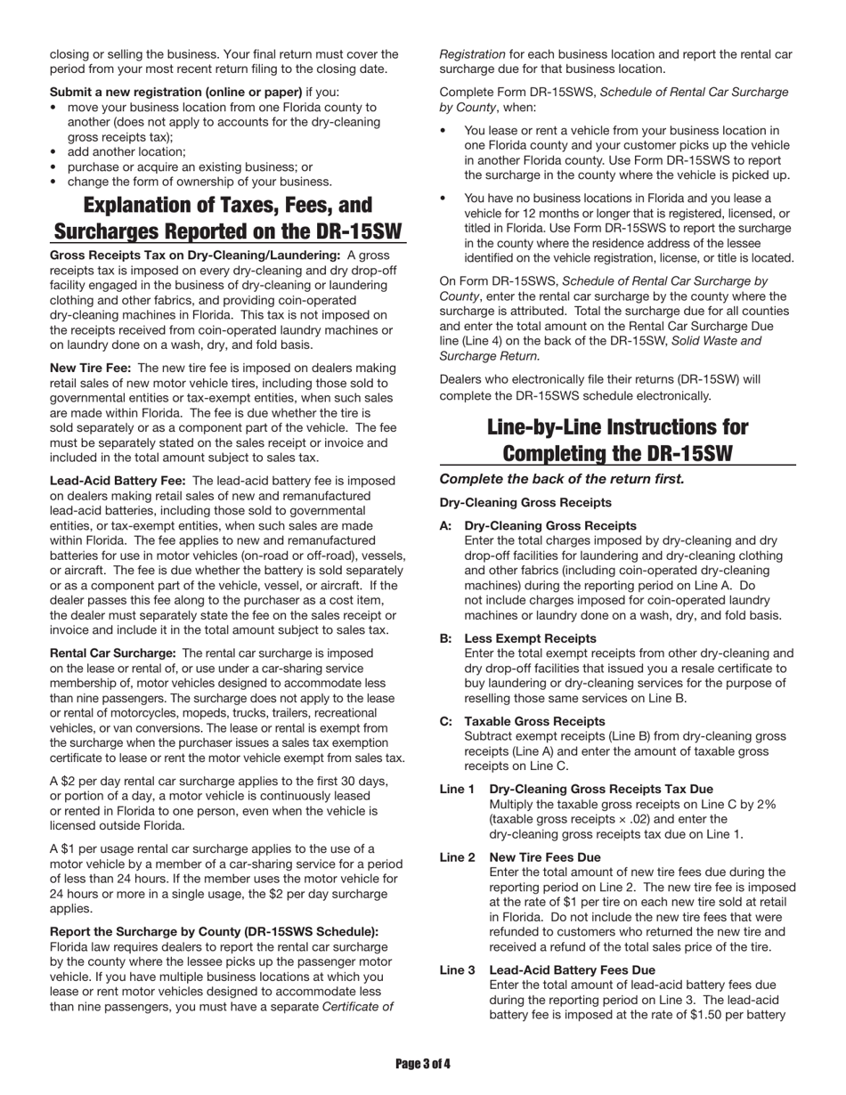 Instructions for Form DR-15SW Solid Waste and Surcharge Return - Florida, Page 3