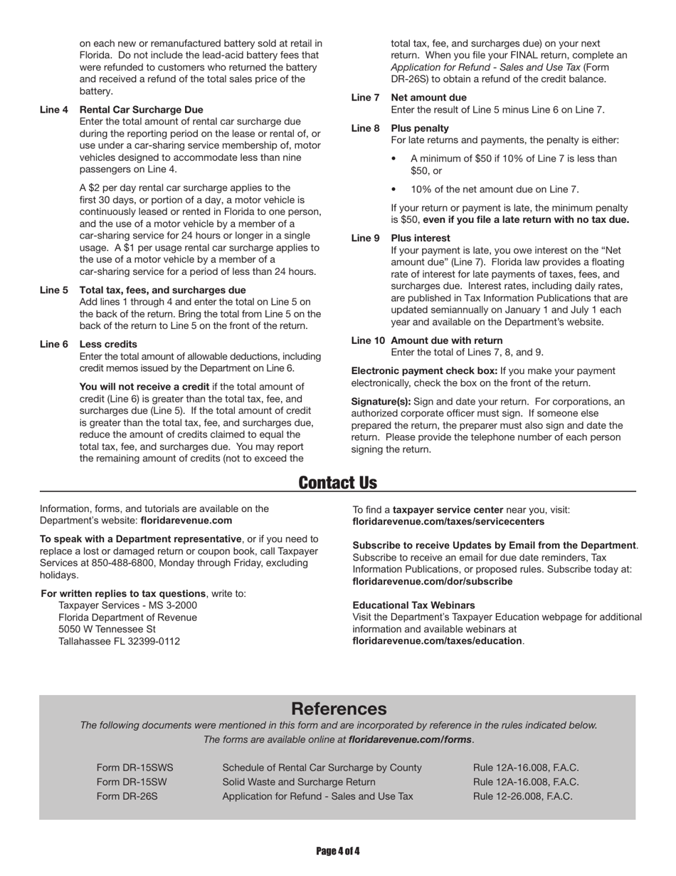 Instructions for Form DR-15SW Solid Waste and Surcharge Return - Florida, Page 4