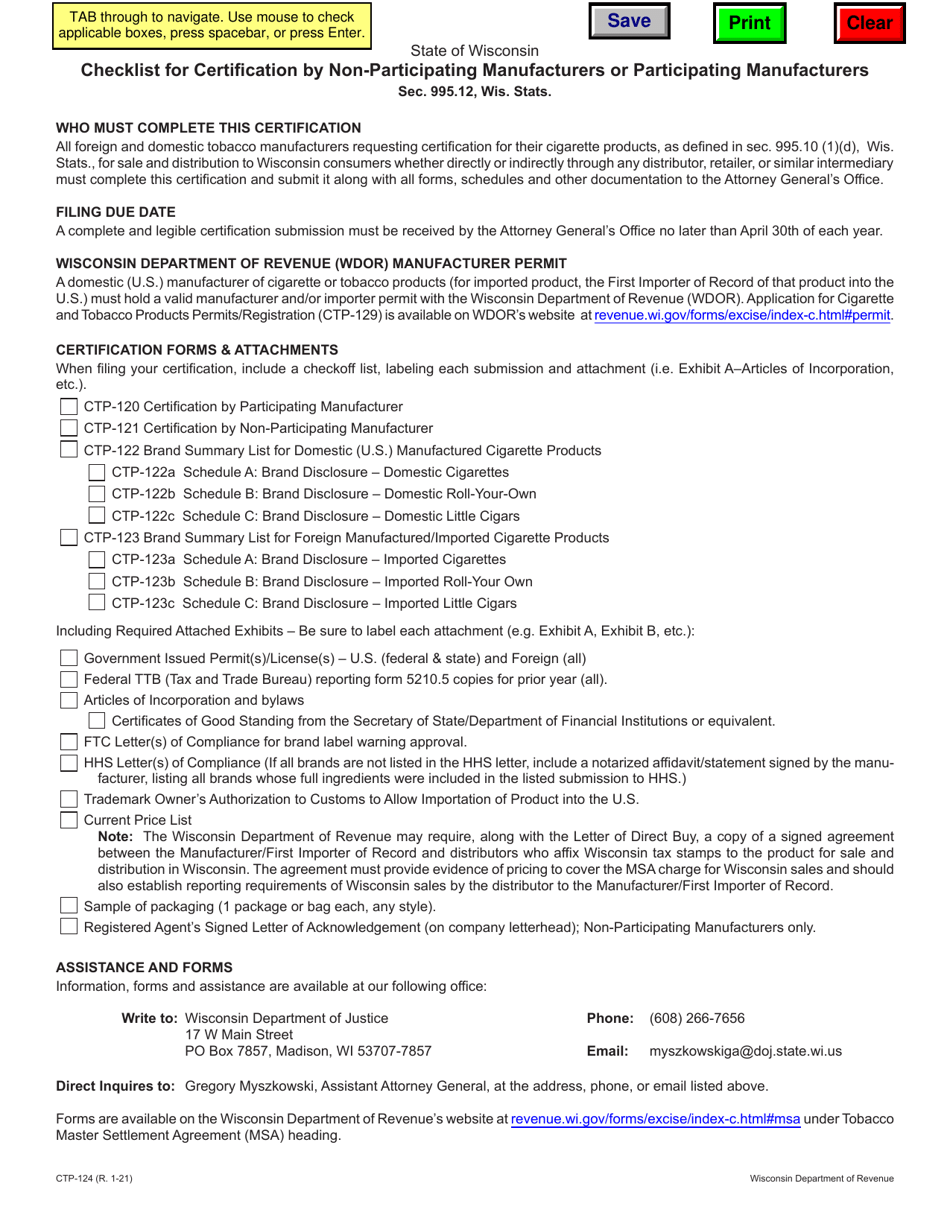 Form CTP-124 Checklist for Certification by Non-participating Manufacturers or Participating Manufacturers - Wisconsin, Page 1