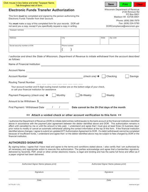 Form A-771A Electronic Funds Transfer Authorization - Wisconsin