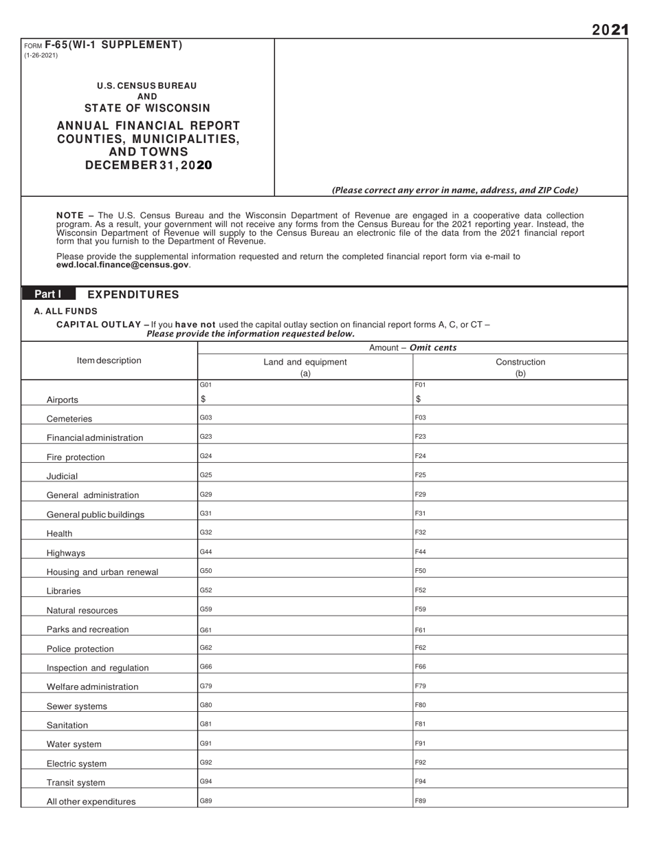 Form F-65 Supplement WI-1 Annual Financial Report - Counties, Municipalities and Towns - Wisconsin, Page 1