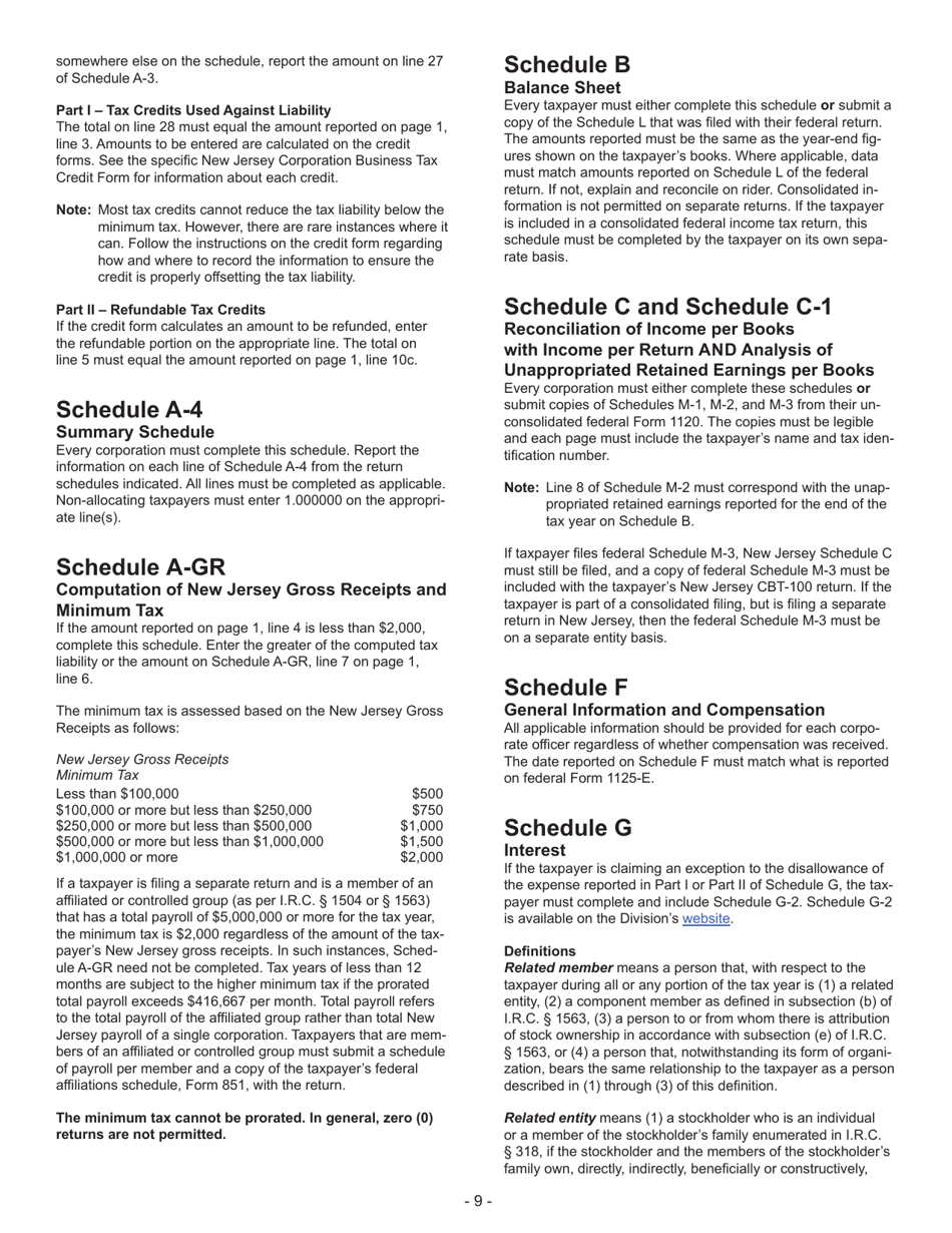Instructions for Form CBT-100 New Jersey Corporation Business Tax Return - New Jersey, Page 10