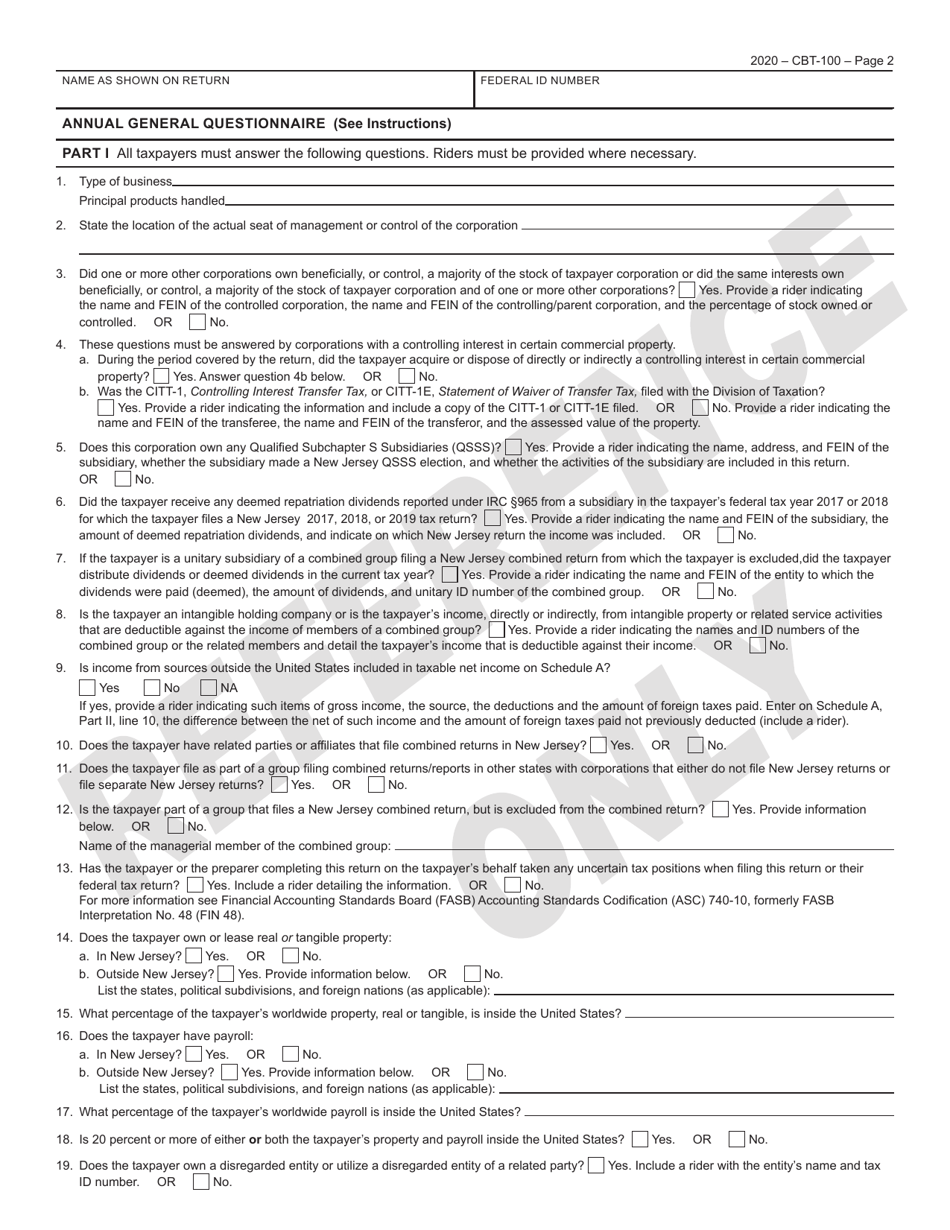 Form CBT-100 New Jersey Corporation Business Tax Return - New Jersey, Page 3