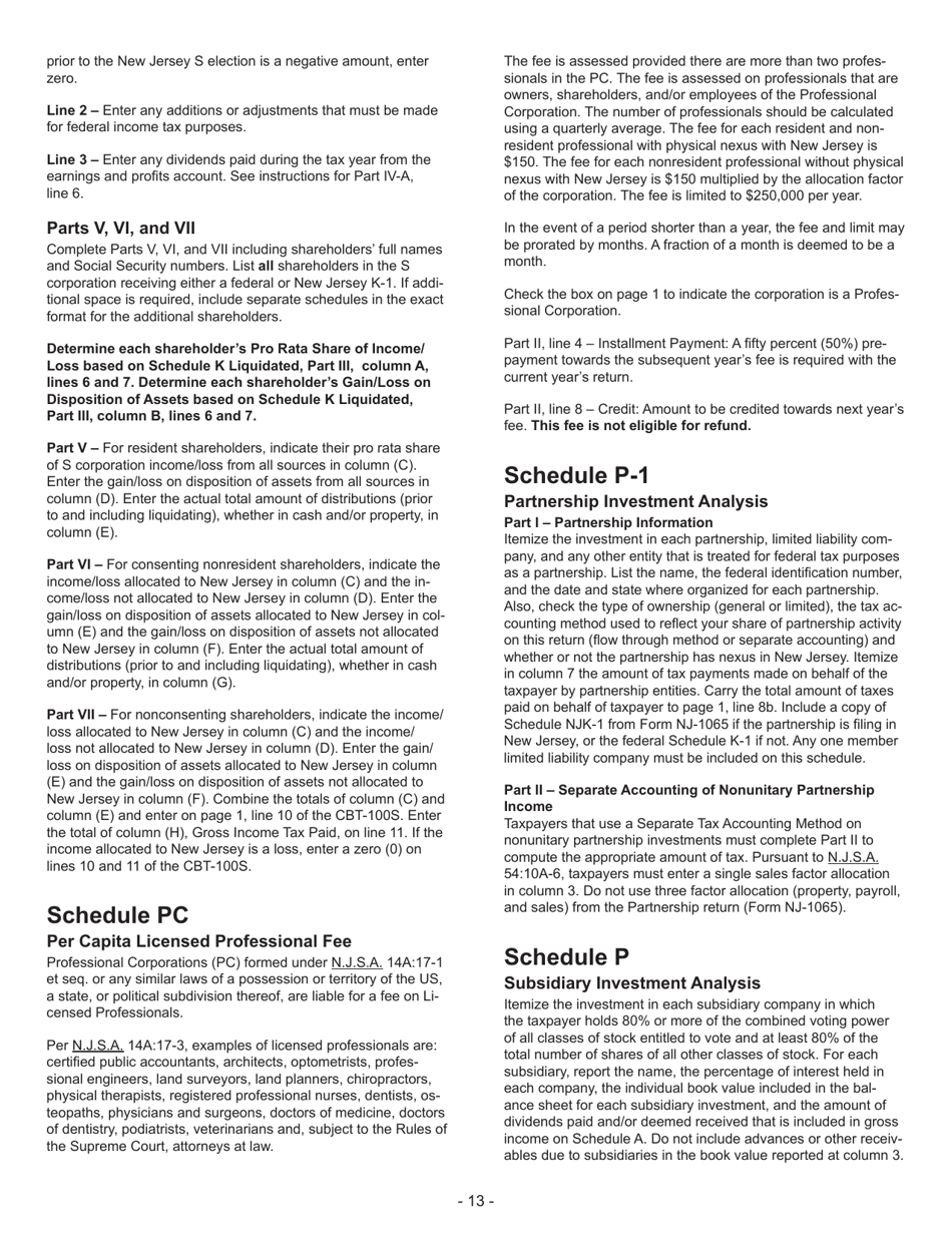 Instructions for Form CBT-100S New Jersey Corporation Business Tax Return - New Jersey, Page 13