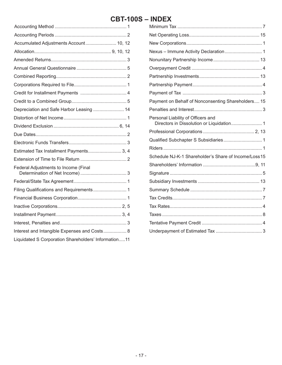 Instructions for Form CBT-100S New Jersey Corporation Business Tax Return - New Jersey, Page 17