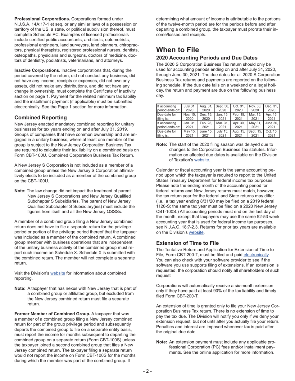 Instructions for Form CBT-100S New Jersey Corporation Business Tax Return - New Jersey, Page 2