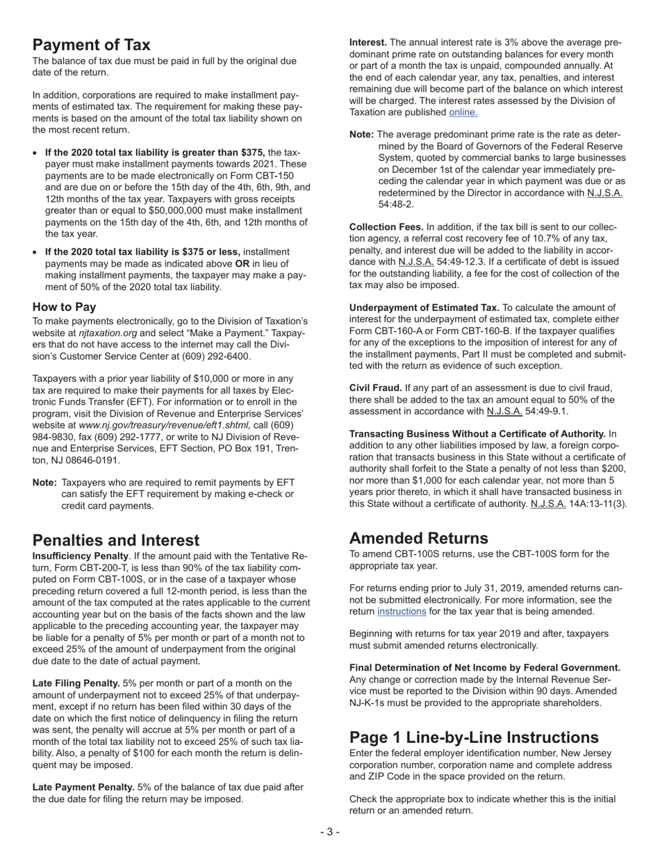 Instructions for Form CBT-100S New Jersey Corporation Business Tax Return - New Jersey, Page 3