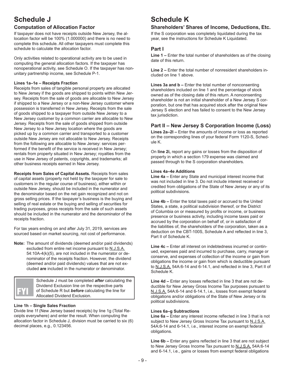 Instructions for Form CBT-100S New Jersey Corporation Business Tax Return - New Jersey, Page 9