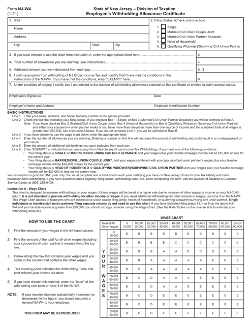 Form NJ-W4 Employee's Withholding Allowance Certificate - New Jersey