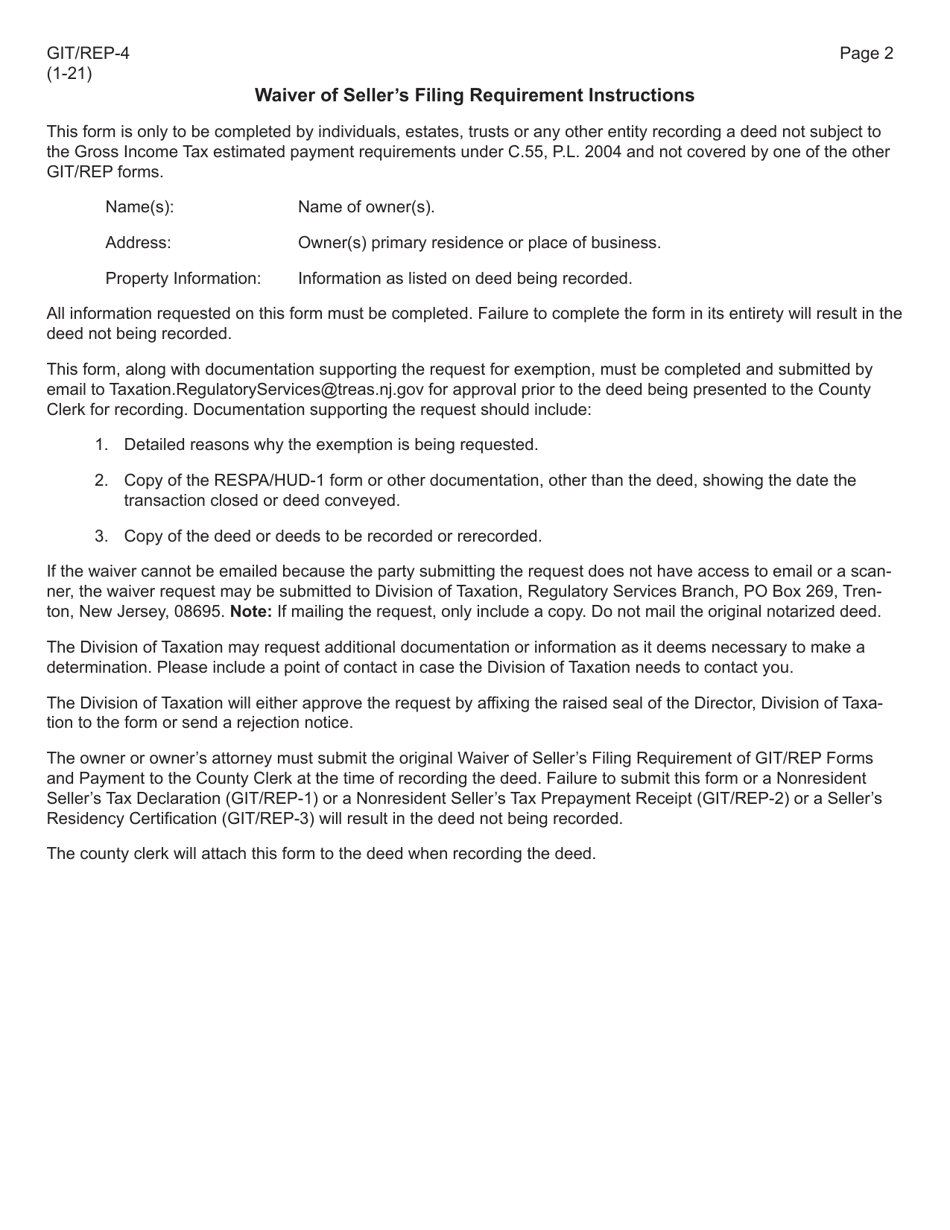 Form GIT / REP-4 Waiver of Sellers Filing Requirement of Git / Rep Forms and Payment - New Jersey, Page 2