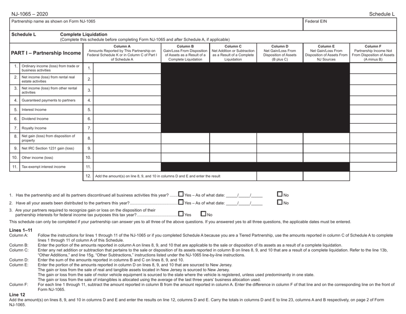 Form NJ-1065 Schedule L 2020 Printable Pdf