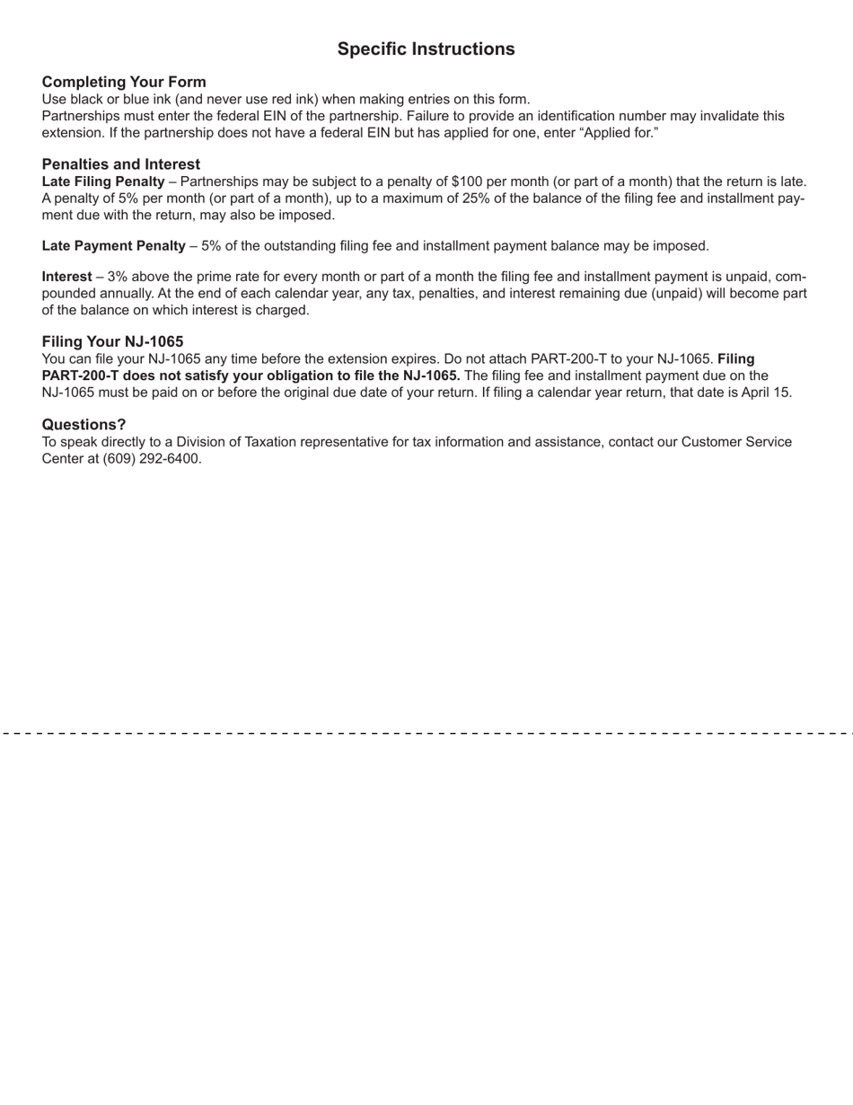 Form PART-200-T Partnership Application for Extension of Time to File Form Nj-1065 - New Jersey, Page 2