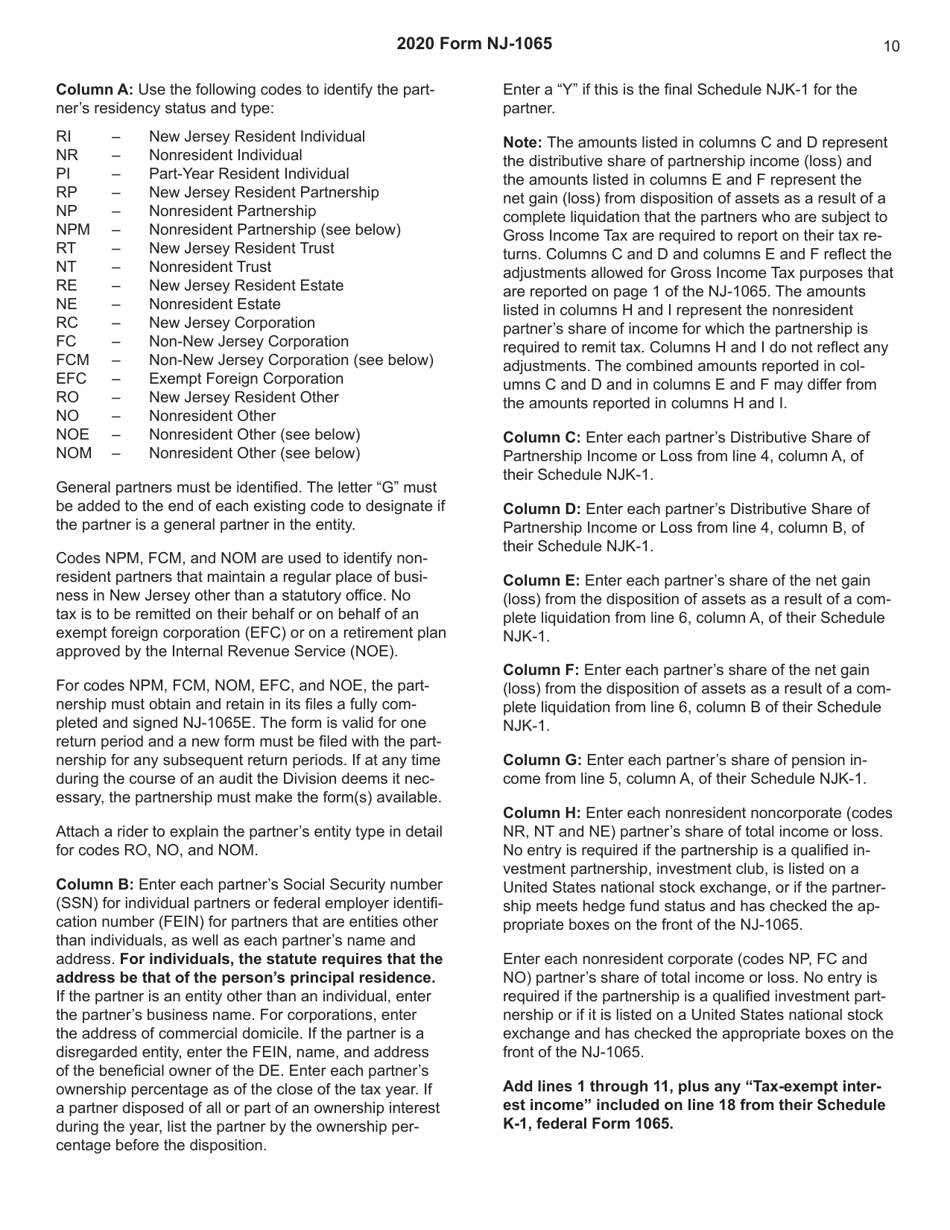 Instructions for Form NJ-1065 New Jersey Partnership Return Gross Income Tax - New Jersey, Page 10