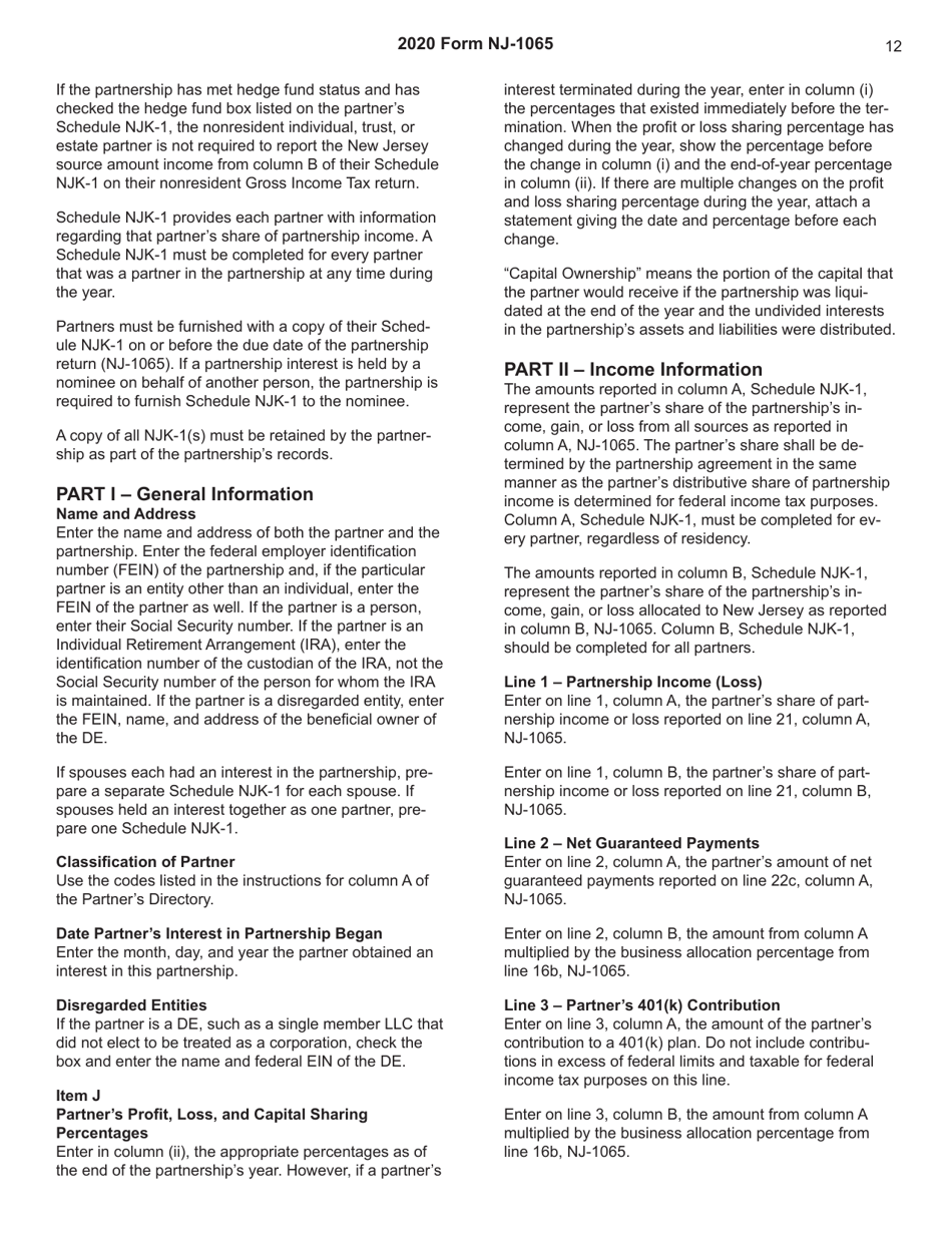 Instructions for Form NJ-1065 New Jersey Partnership Return Gross Income Tax - New Jersey, Page 12
