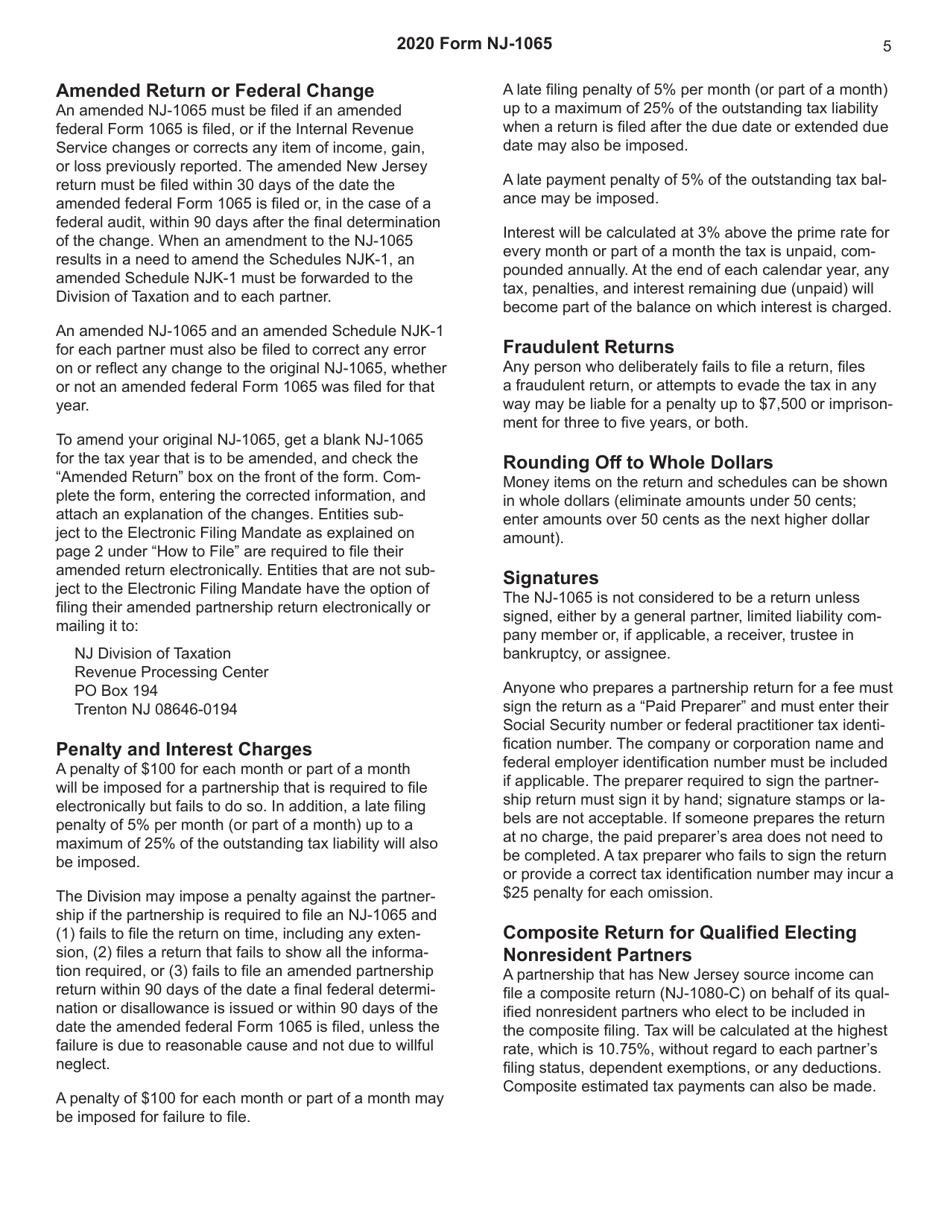 Instructions for Form NJ-1065 New Jersey Partnership Return Gross Income Tax - New Jersey, Page 5