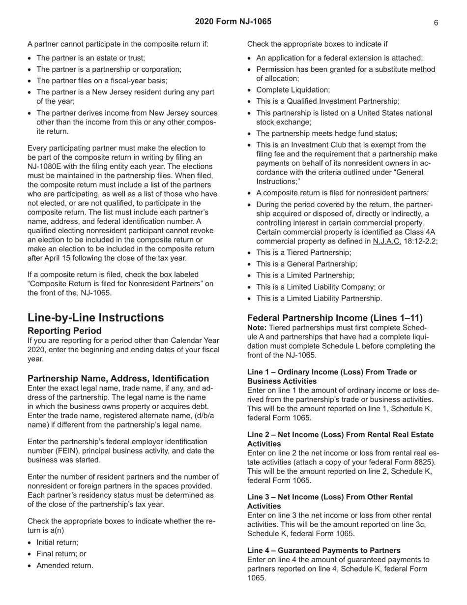 Instructions for Form NJ-1065 New Jersey Partnership Return Gross Income Tax - New Jersey, Page 6