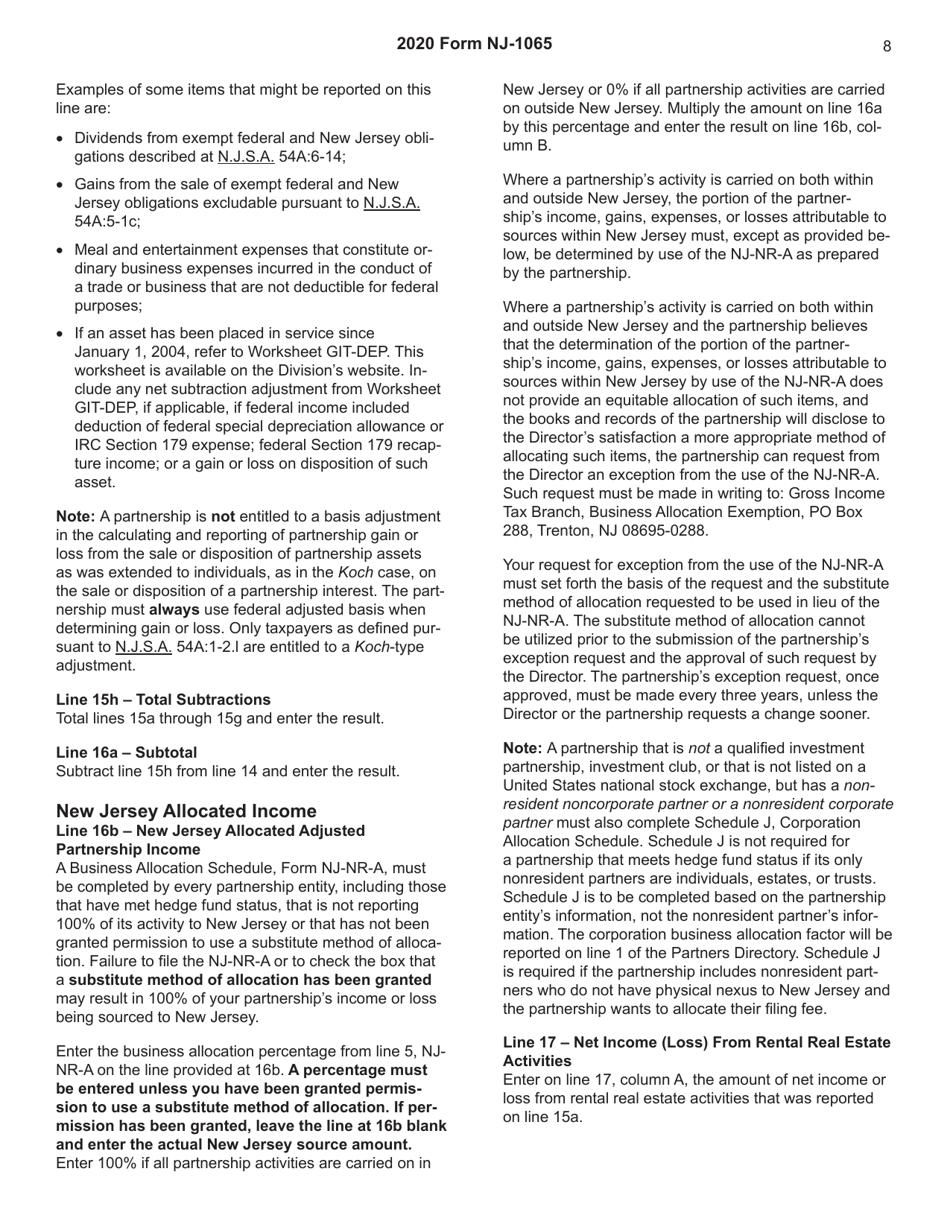 Instructions for Form NJ-1065 New Jersey Partnership Return Gross Income Tax - New Jersey, Page 8