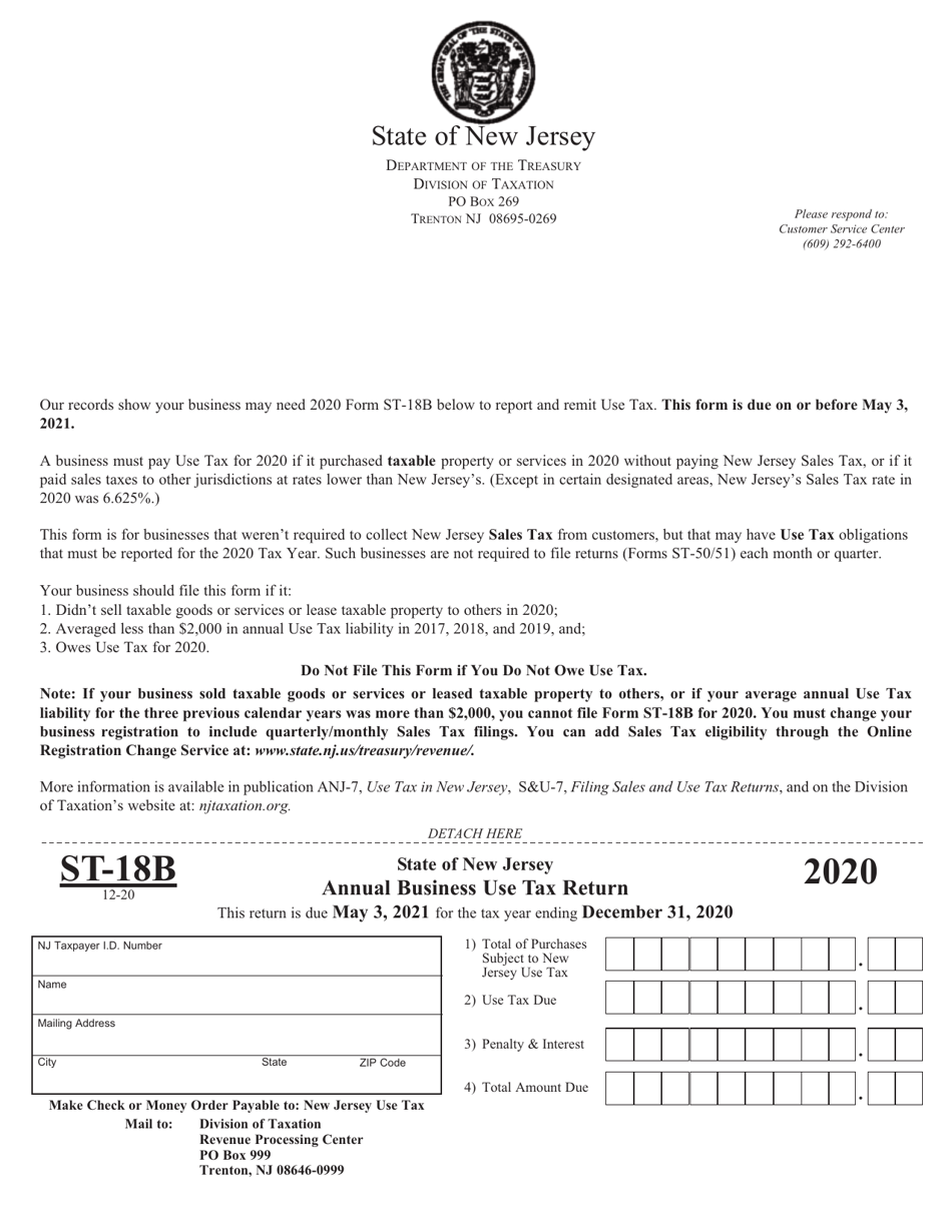 Form ST-18B Annual Business Use Tax Return - New Jersey, Page 1