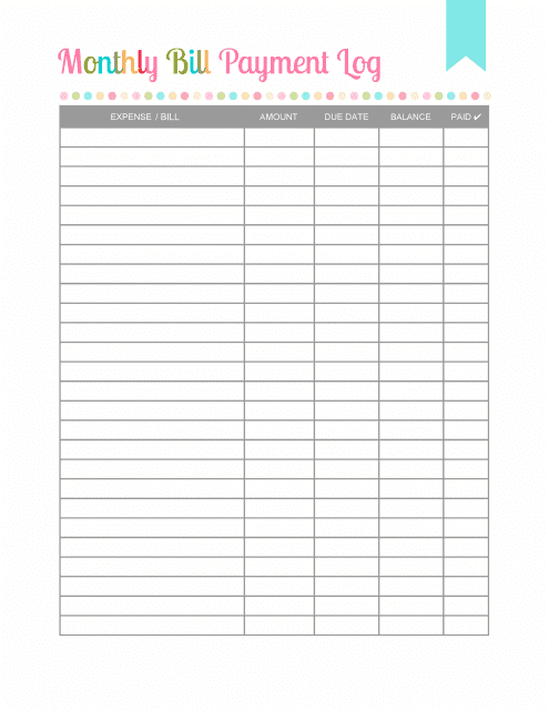 &quot;Monthly Bill Payment Log Template&quot; Download Pdf