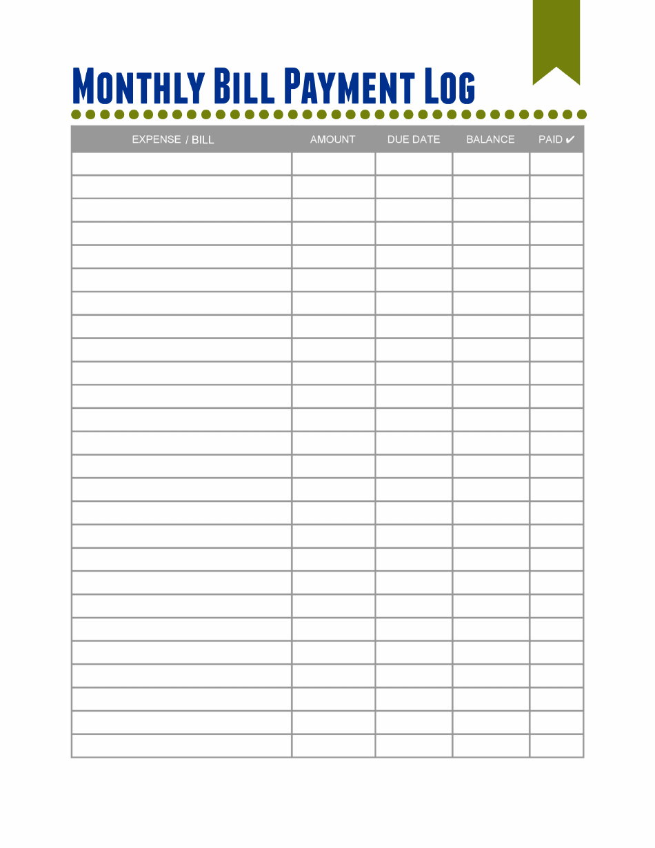 Monthly Bill Payment Log Template - Blue Download Printable PDF