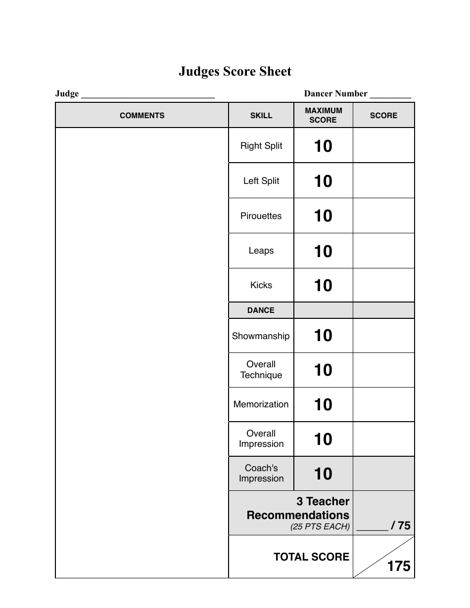 Printable Judges Score Sheet Template